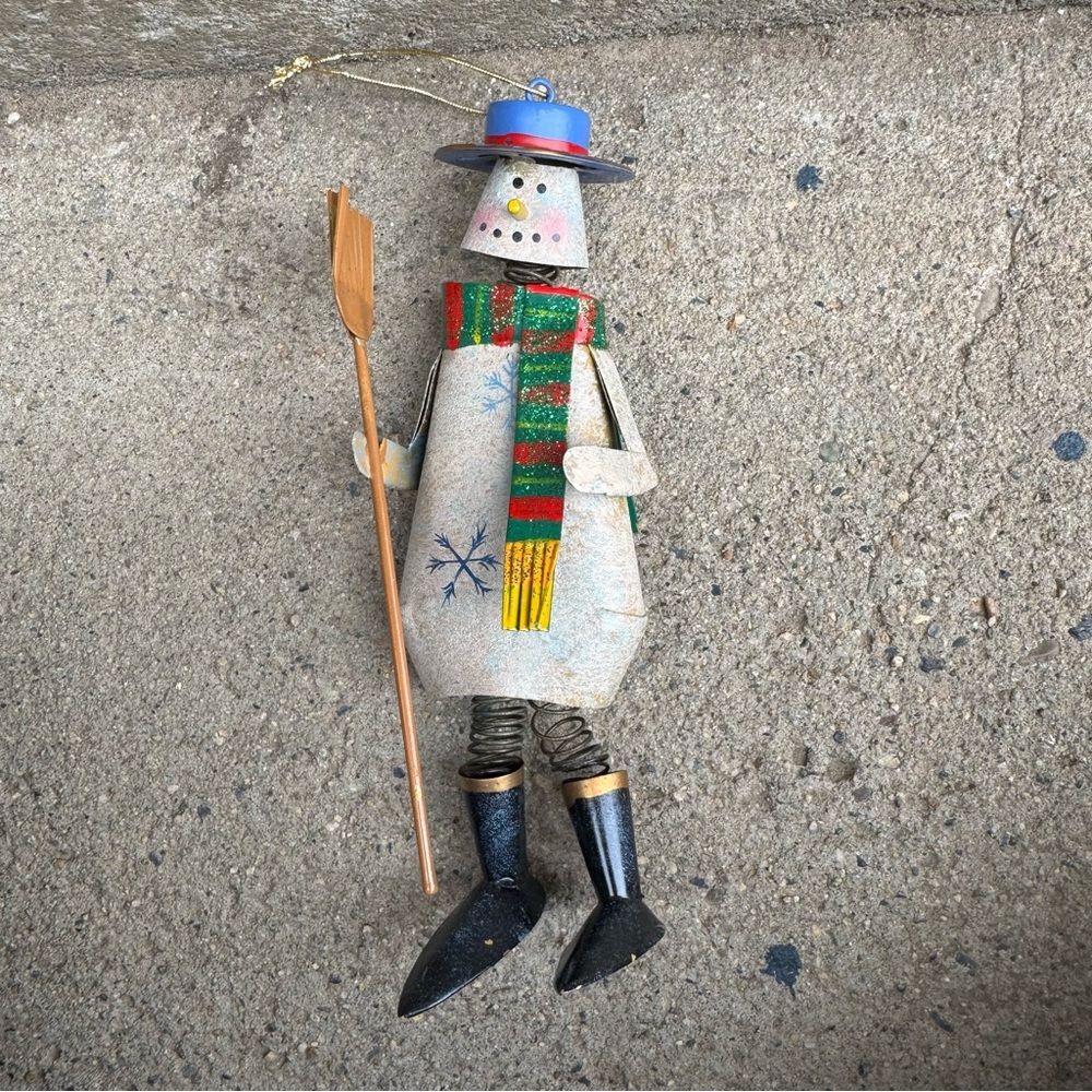 Vtg Snowman Metal Ornament Rustic Christmas Folksy